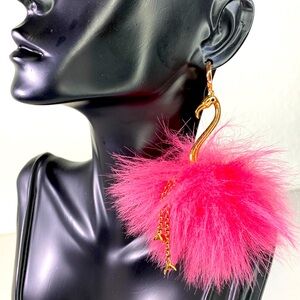 Rose Gold Flamingo Earrings with Furry Pink Bottoms – 3.5" Length